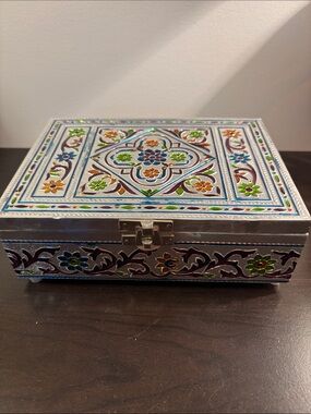 Hand-Painted Floral Trinket Box - Silver with Multicolor Accents